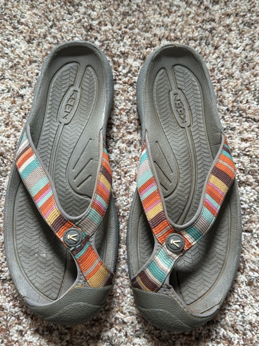 Keen Gray Sandals with Orange, Teal, Pink & Brown Straps - Picture 1 of 7
